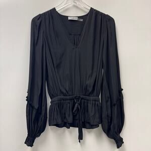 Ramy Brook Black V-Neck Puff Sleeve Satin Blouse Sz X-Small XS